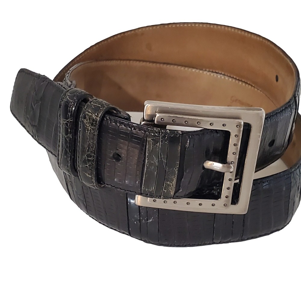 Men's Black Textured Leather Belt with Silver Buckle